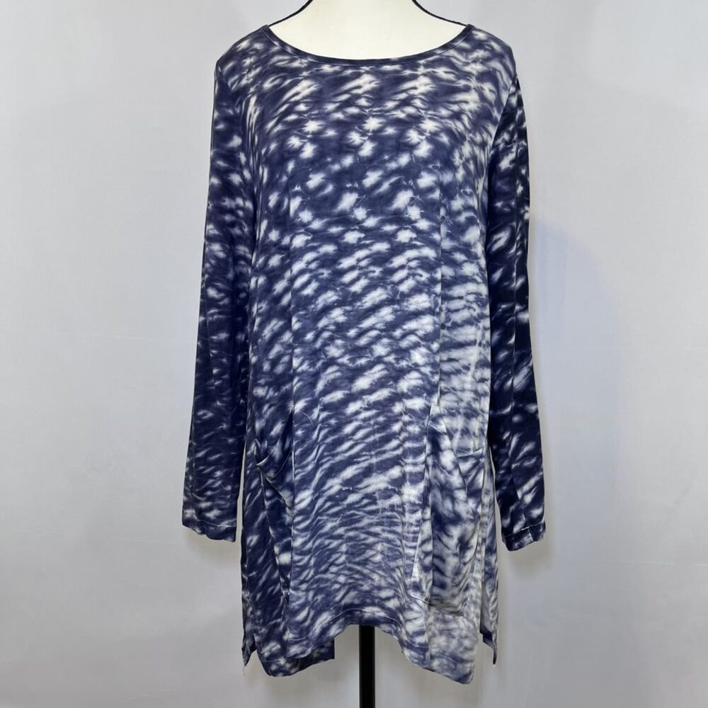 Soft Surroundings long sleeve pockets tie dye tunic blouse blue gray womens M